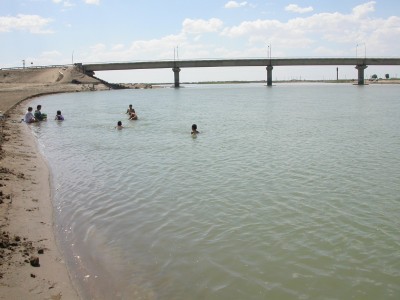 シルダリア川下流で水泳を楽しむ人達